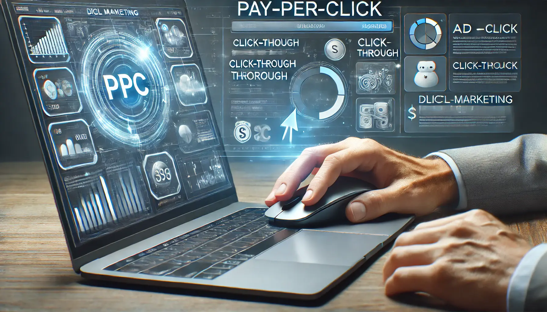 A hand using a computer mouse near a laptop displaying a PPC campaign dashboard with clickable ad statistics, surrounded by digital marketing icons like graphs and money symbols.