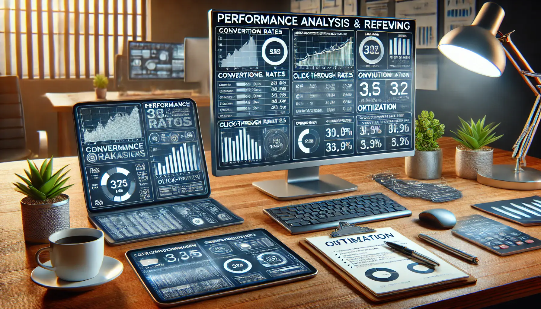 A digital marketing workspace with a monitor displaying performance metrics, a tablet with campaign data, and a notepad for refining strategies.