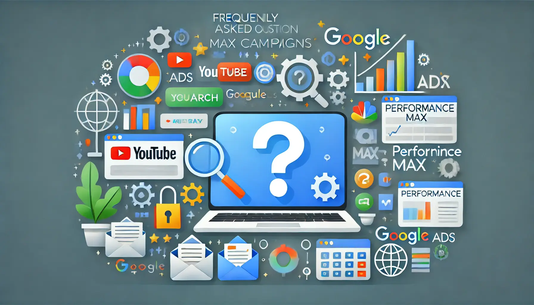 A professional illustration showing a digital workspace with question mark symbols, analytics, and Google platform icons like YouTube, Search, Display, and Gmail, representing frequently asked questions about Performance Max campaigns.