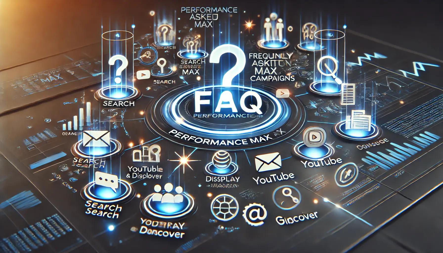 A visual representation of frequently asked questions related to Performance Max campaigns, featuring question marks, inquiry symbols, and a performance dashboard.