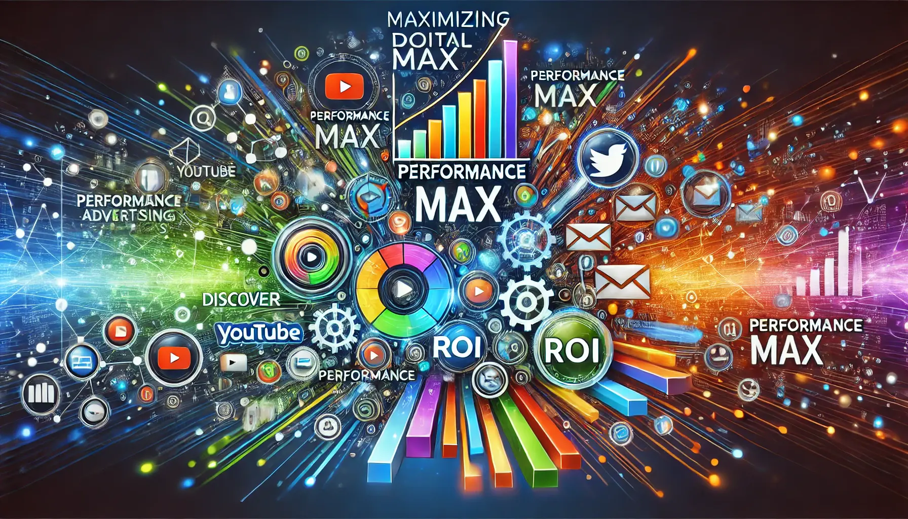 Abstract representation of maximizing ROI through Performance Max campaigns, featuring interconnected digital platforms and performance metrics.