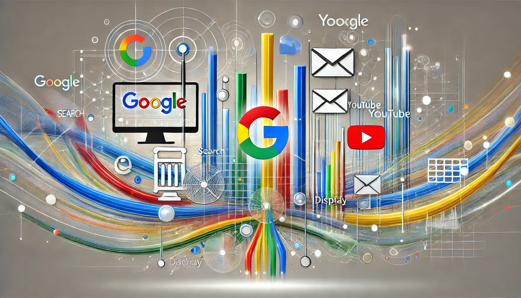 An abstract and professional visualization of Google's advertising ecosystem with interconnected platforms represented by sleek design elements and patterns of data flow, symbolizing AI-driven optimization.