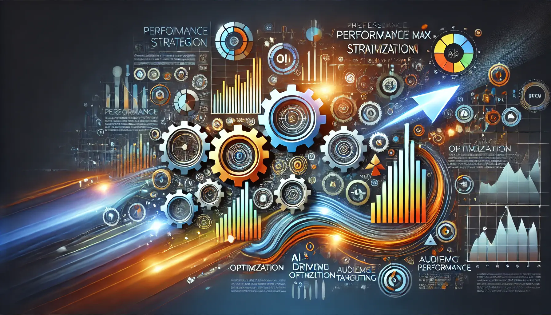 A visual representation of optimization strategies for Performance Max campaigns, featuring gears, arrows, and data streams symbolizing AI-driven optimization and real-time adjustments.