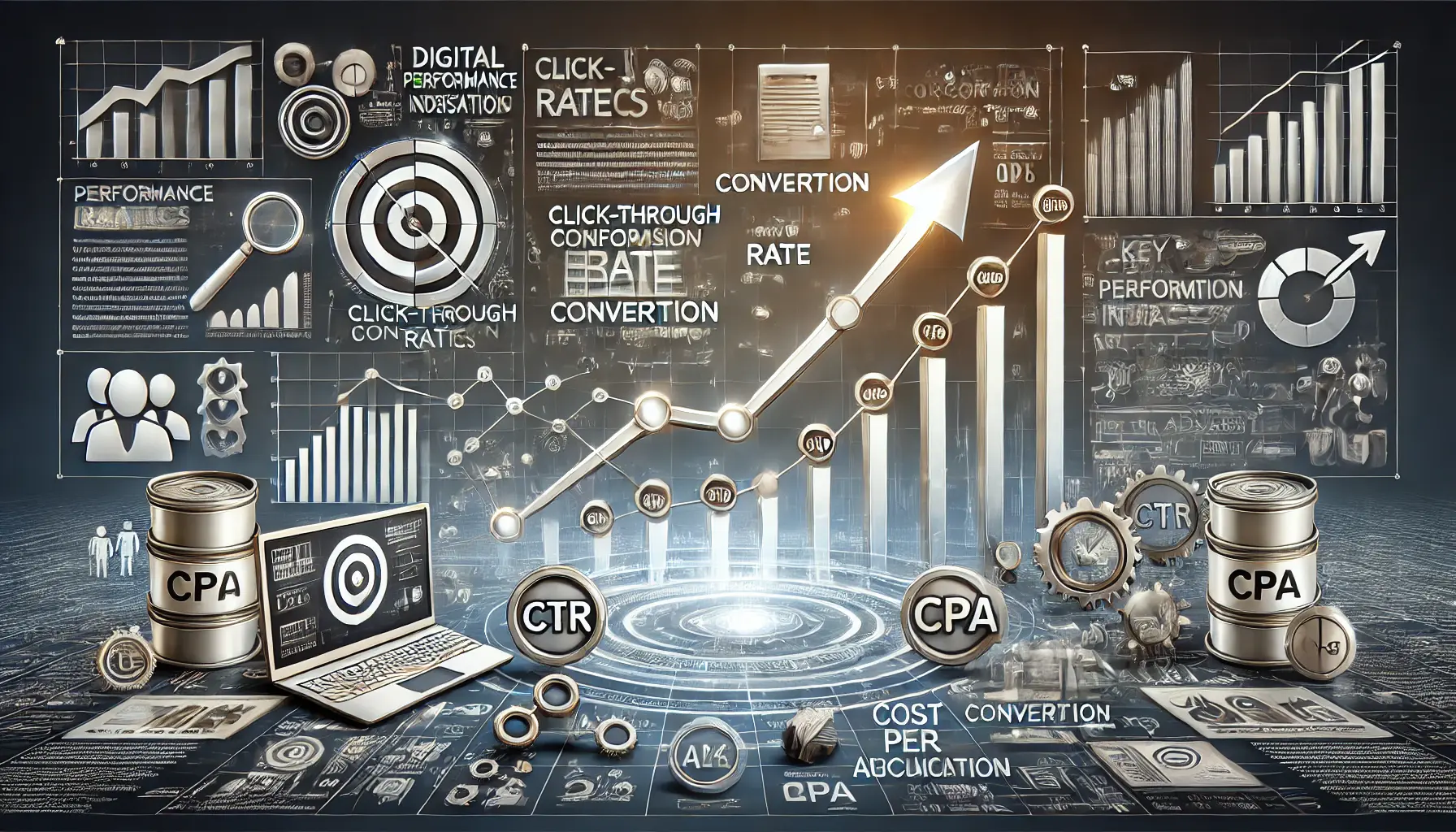 Illustration showing performance metrics like CTR, conversion rate, and CPA with a line chart and digital analysis elements.