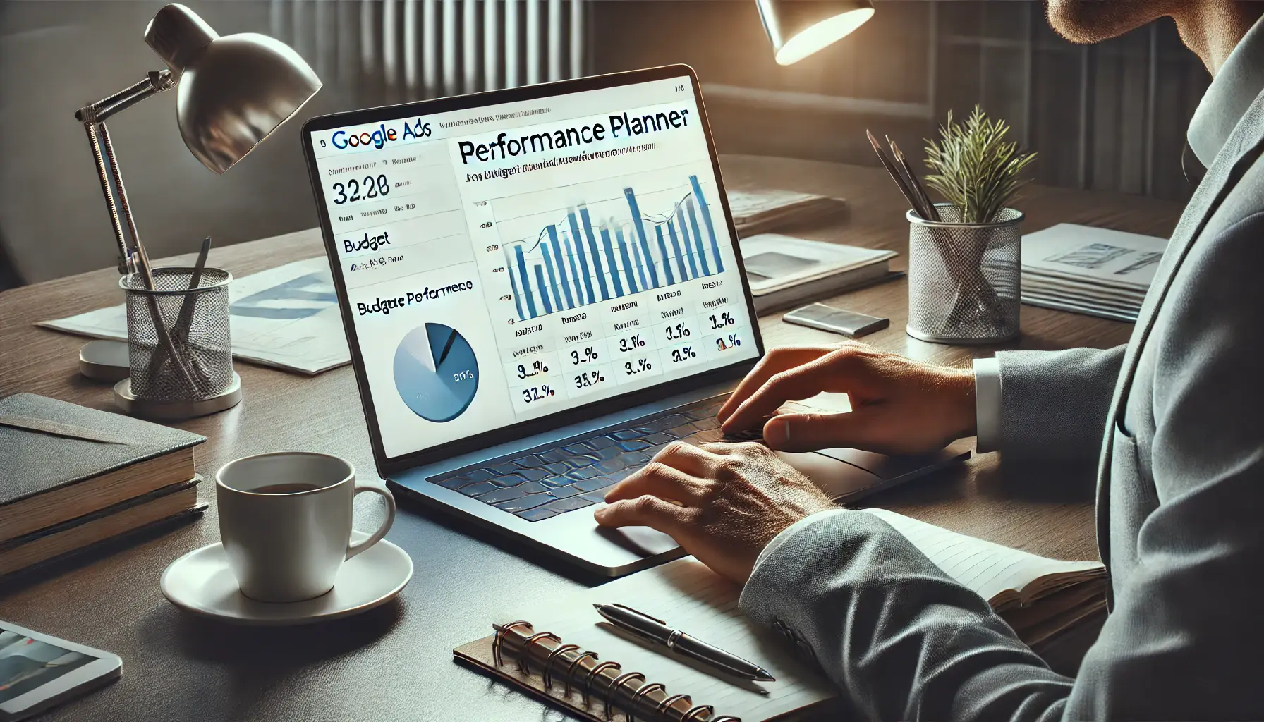 A business professional analyzing a laptop screen displaying the Google Ads Performance Planner interface with budget allocation charts and forecasted performance.