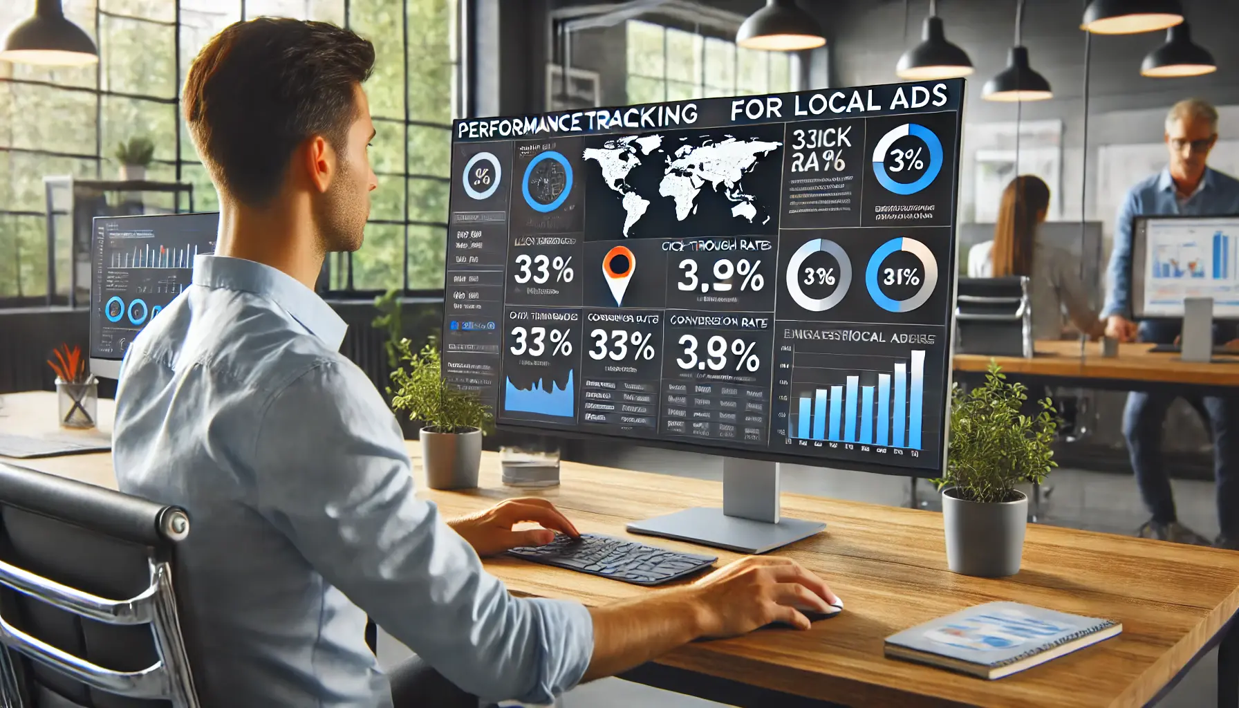 A digital marketer reviewing performance tracking data for local ads, with metrics and maps displayed on the computer screen in a modern office.