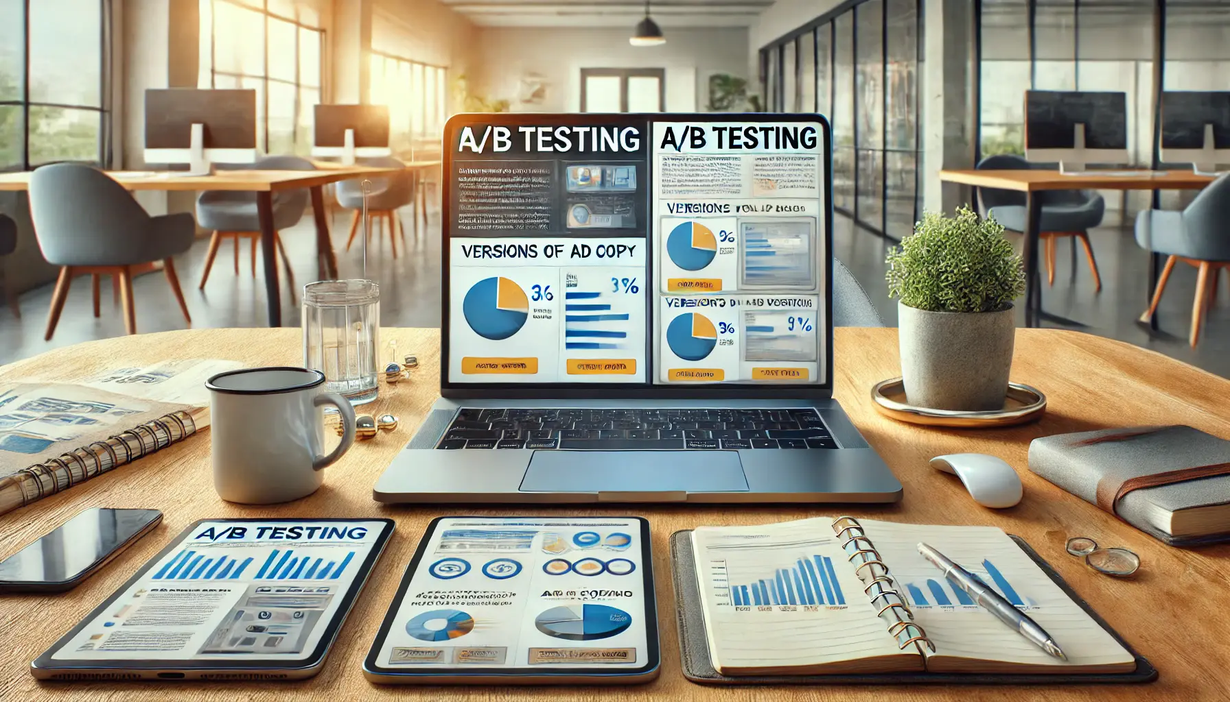 A laptop showing a split-screen with two versions of an ad for A/B testing, accompanied by a tablet with analytics, a notebook, and a coffee mug on the desk.