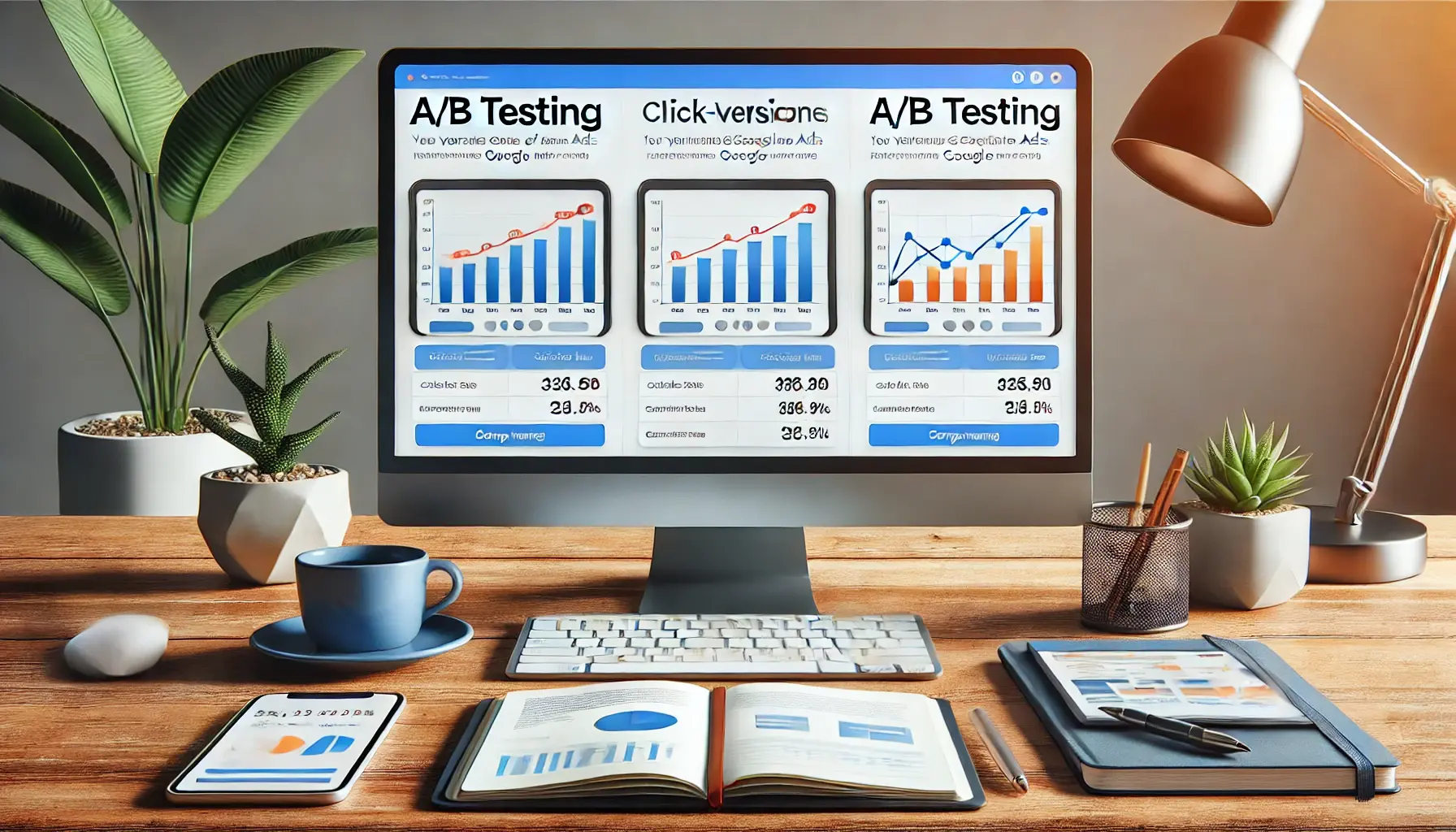 A modern workspace with a computer screen displaying two versions of an ad being compared for performance metrics like CTR and conversions.