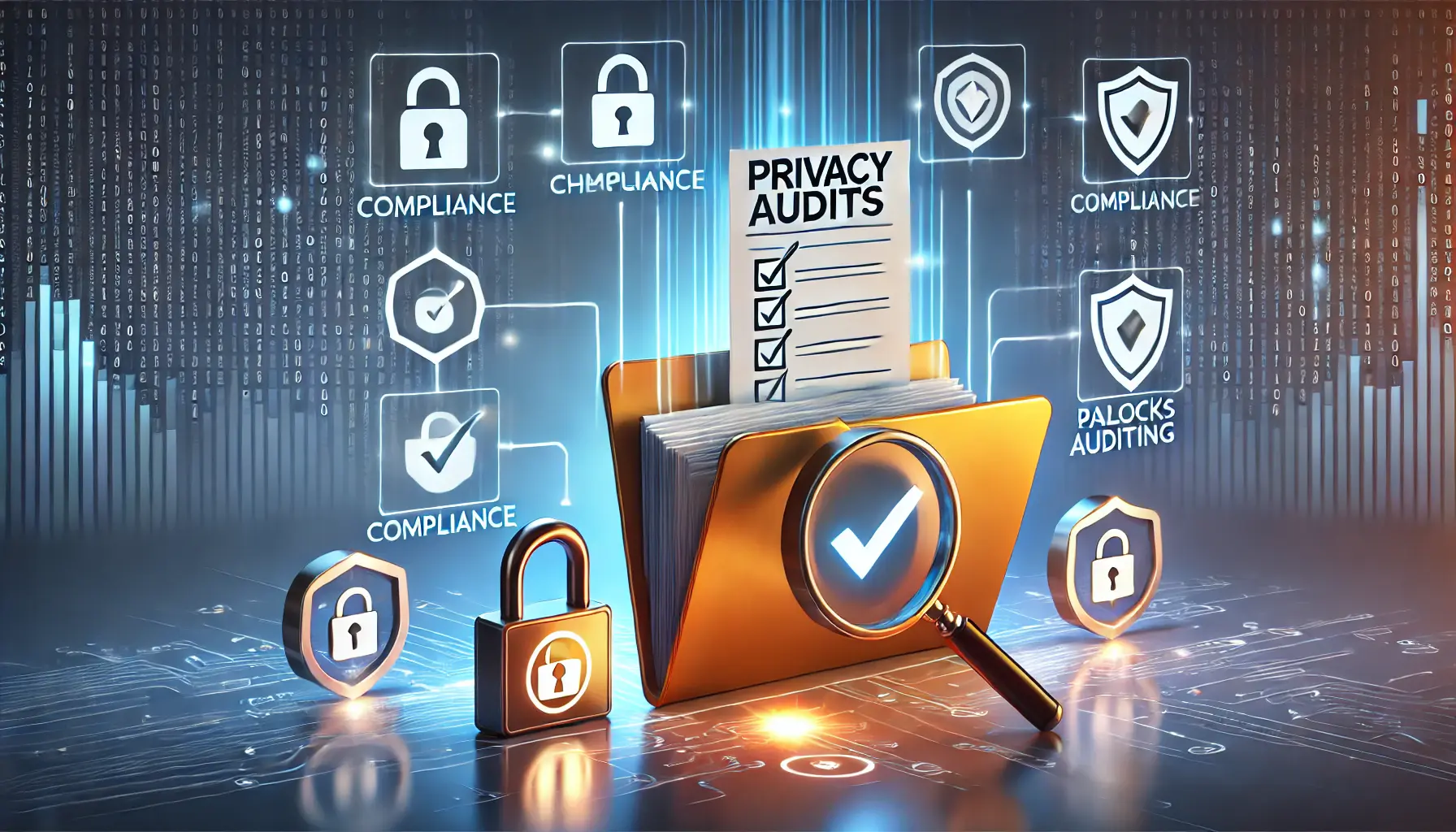 A glowing checklist and magnifying glass inspecting a secure folder surrounded by compliance checkmarks, padlocks, and shields, symbolizing privacy audits.