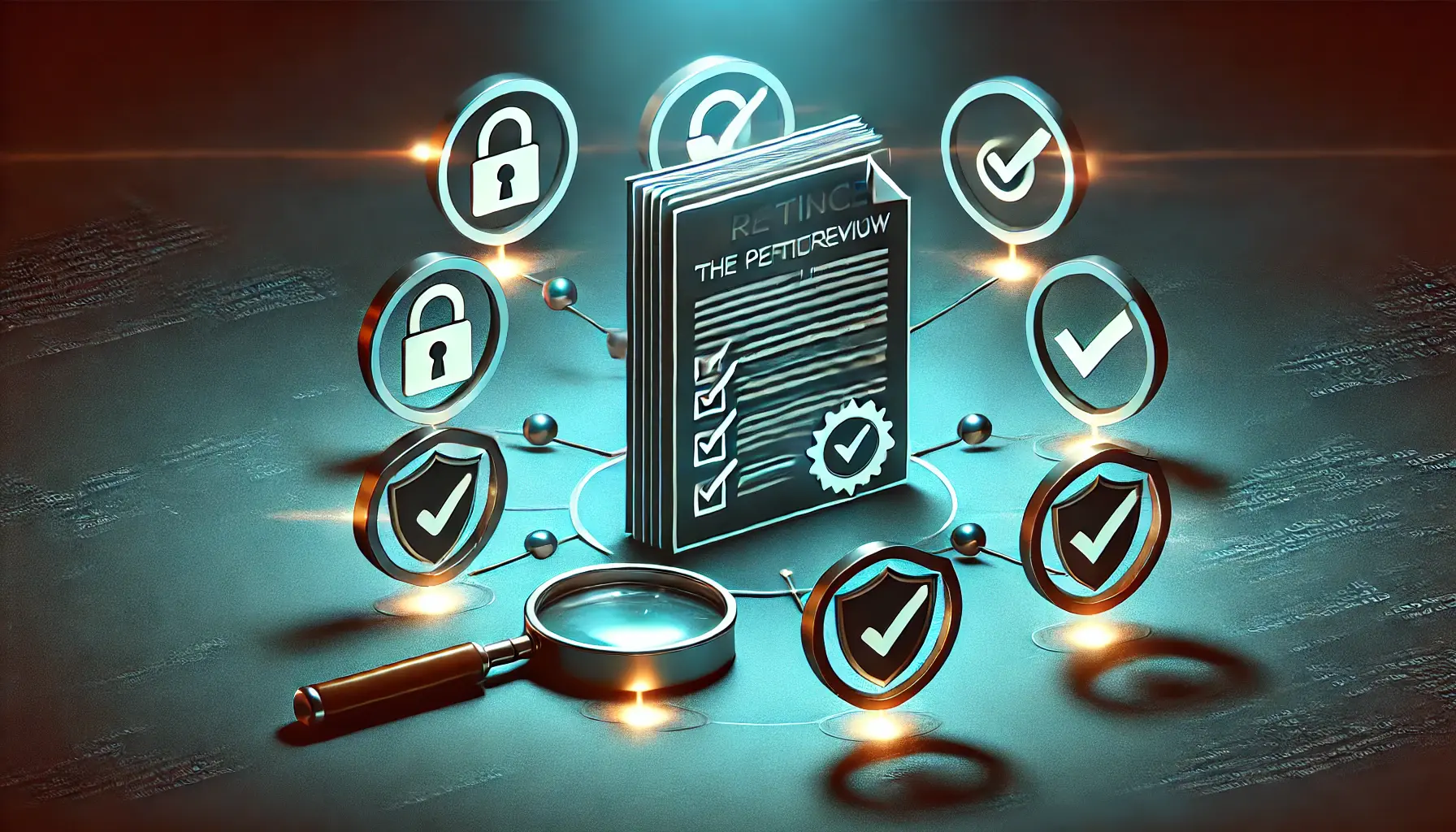 A glowing document surrounded by compliance icons like shields, locks, and checkmarks, with a magnifying glass hovering over it, symbolizing the review and update of privacy policies.