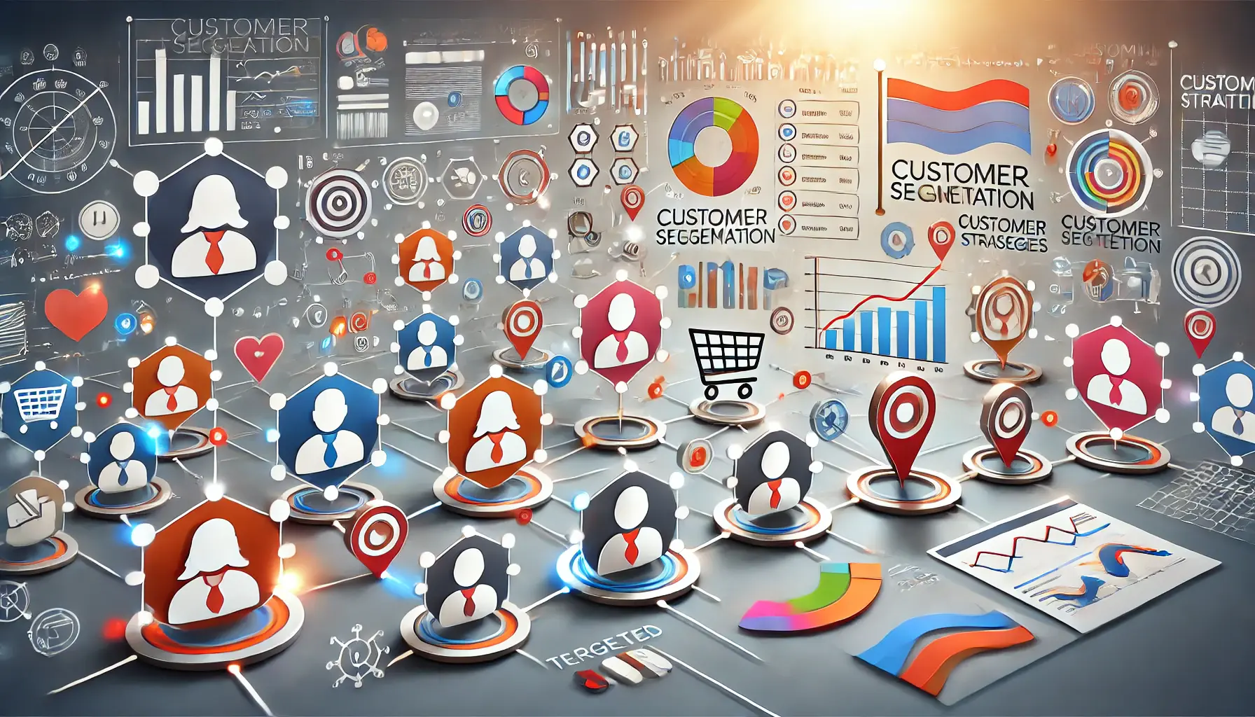 An image illustrating personalization and customer segmentation, featuring interconnected profiles grouped by demographics, preferences, and behaviors with elements like targeted messages and analytics charts.