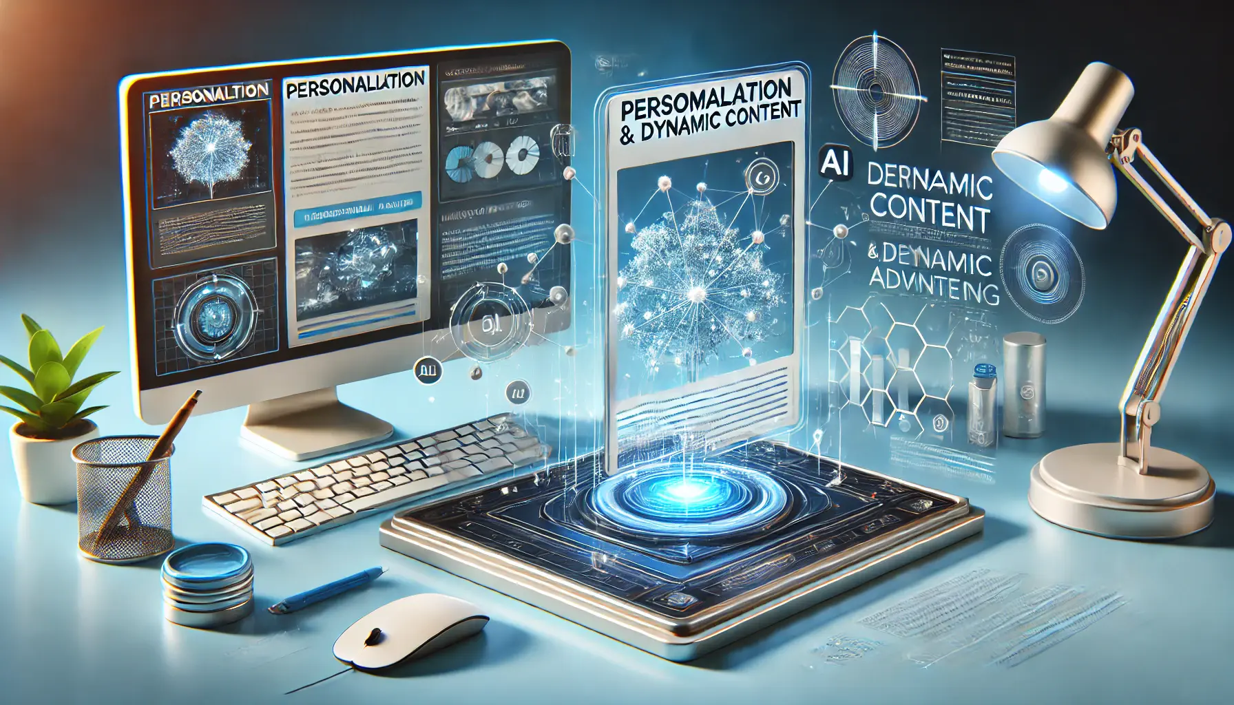 An image showing personalization and dynamic content in digital advertising, with a modern workspace displaying tailored ad content and AI elements.