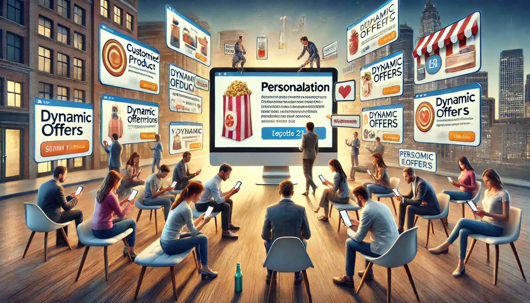 An illustration showing users interacting with personalized content, such as customized product recommendations and dynamic offers, highlighting the impact of personalization on consumer behavior.