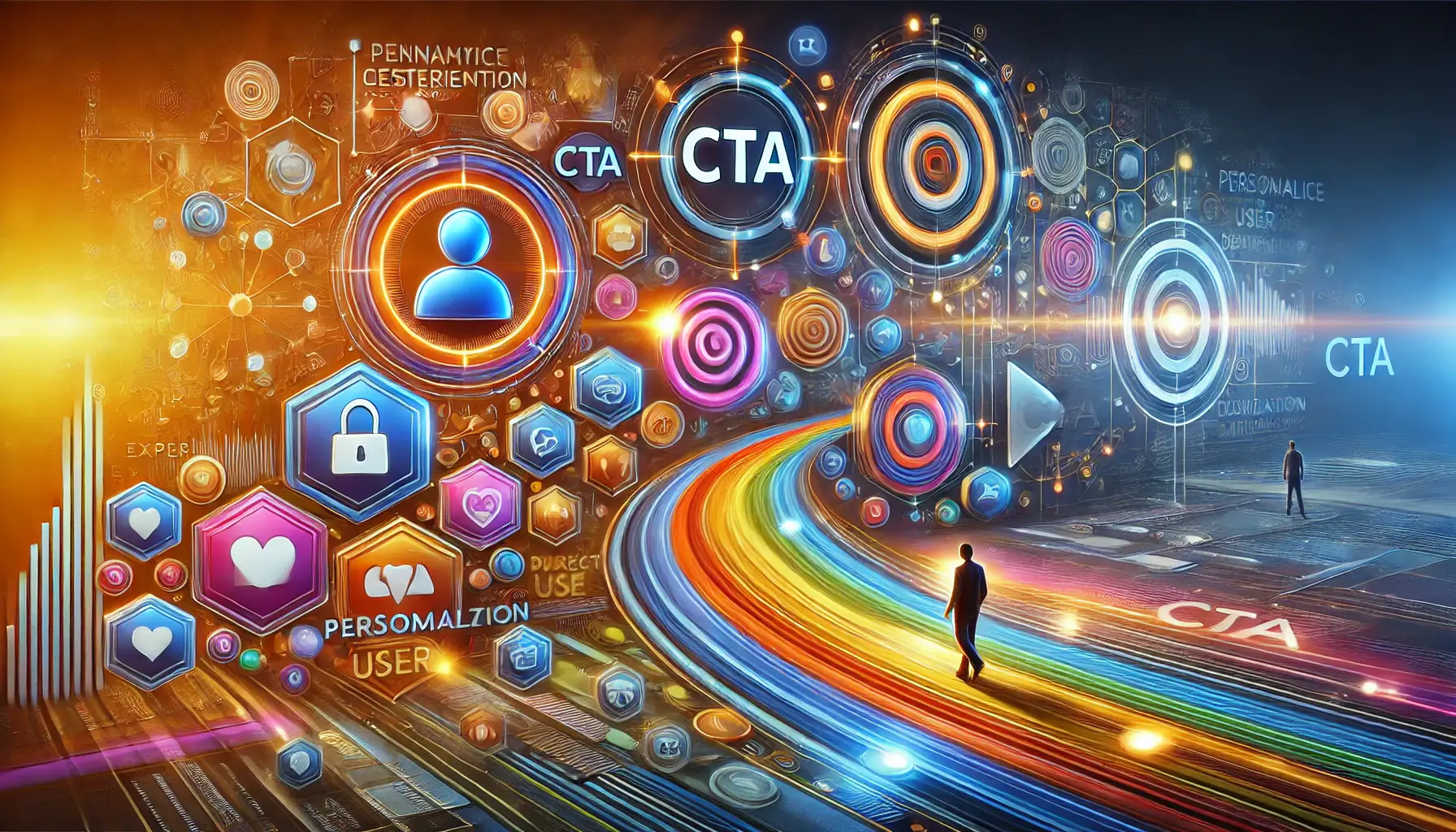 A vibrant representation of personalized CTA messaging, featuring user profile icons, dynamic customization symbols, and segmented pathways symbolizing tailored ad experiences.