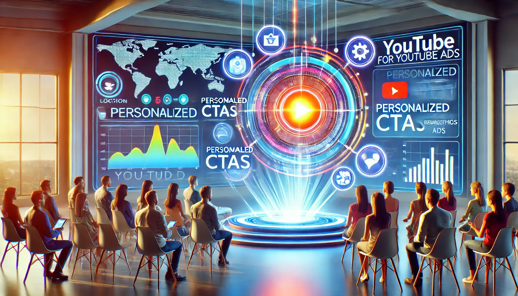 A dynamic dashboard analyzing user data like location and preferences, with a glowing button symbolizing personalized CTAs in YouTube ads.