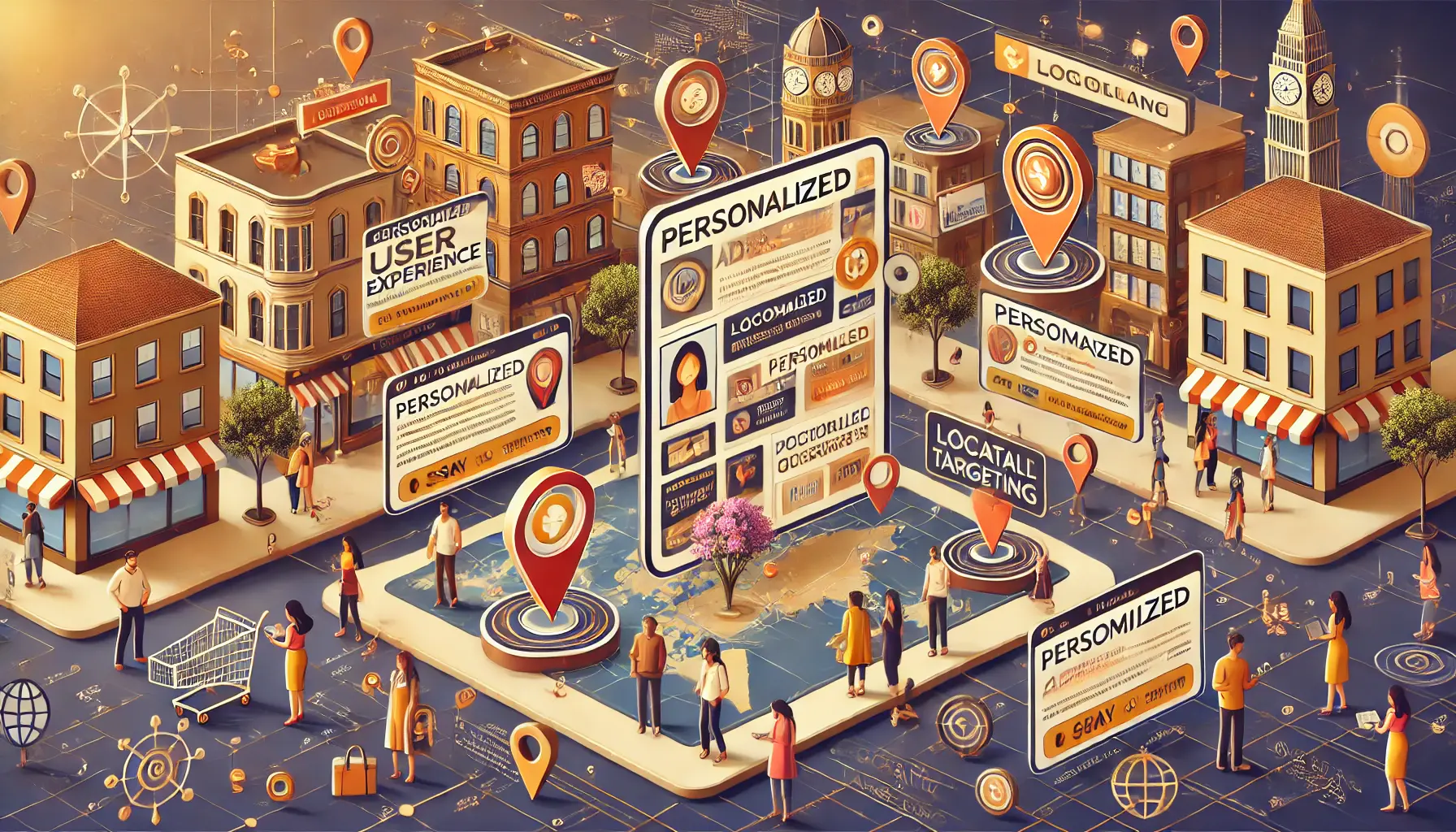 A digital interface showcasing personalized ad content tailored to local markets, with location markers and diverse people interacting with localized ads.