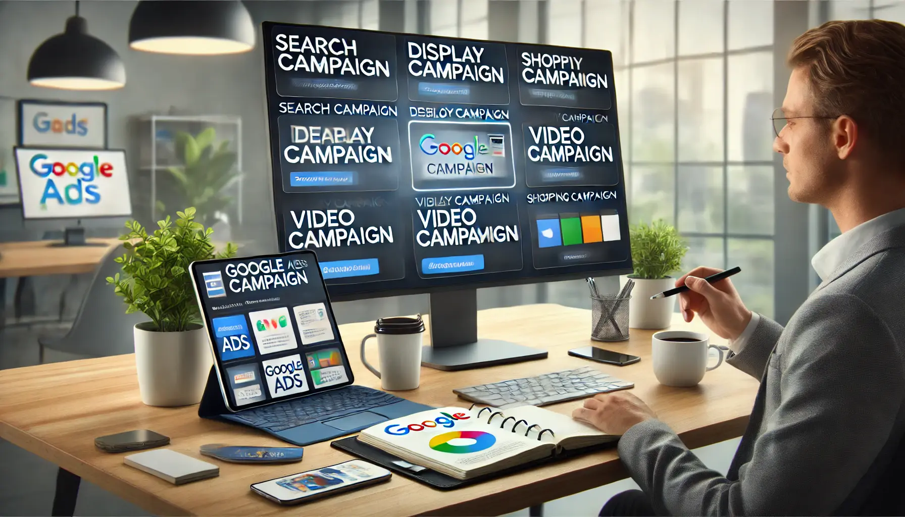 A digital marketing professional reviewing different Google Ads campaign types in a modern office workspace.