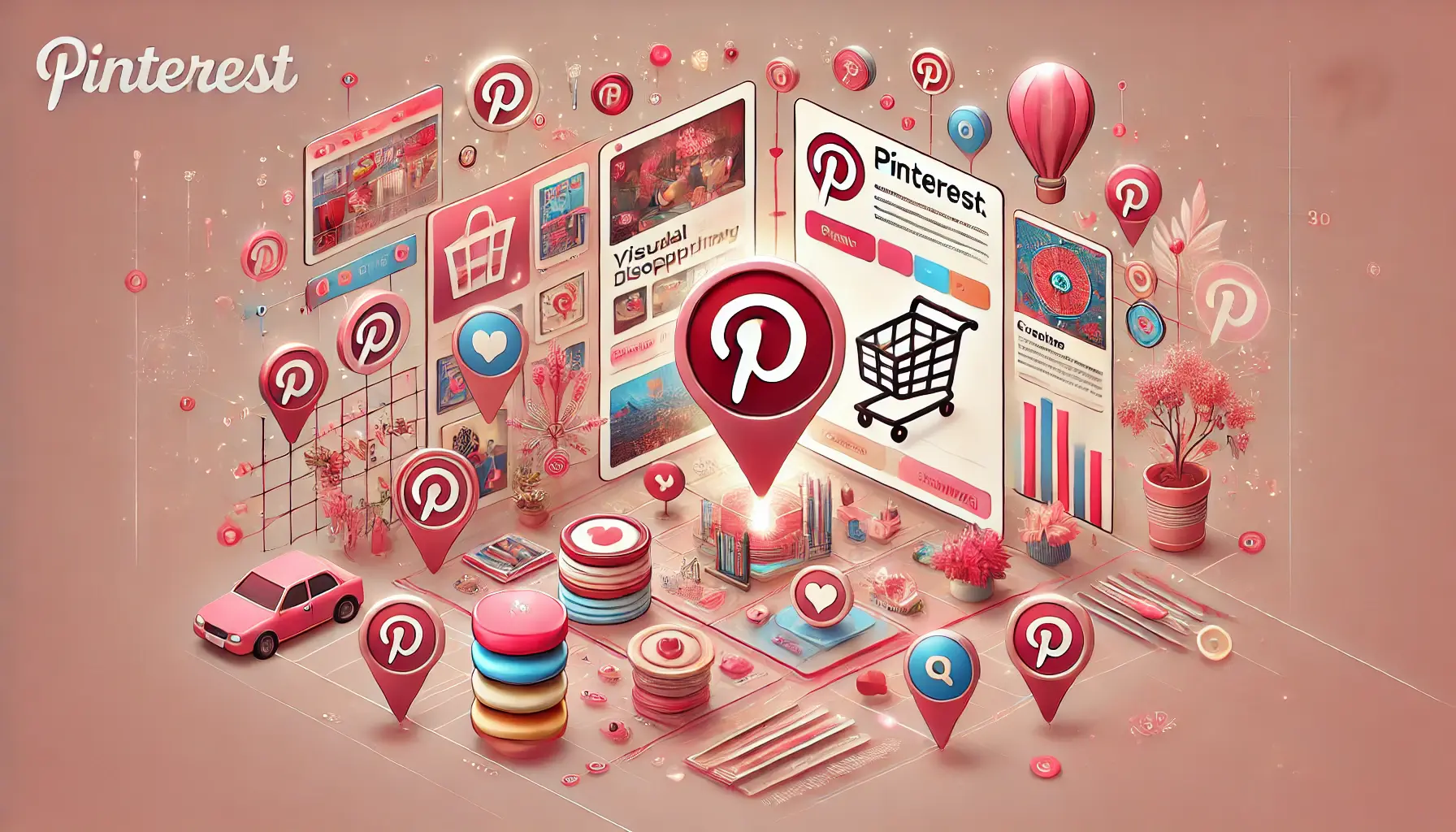 An illustration representing Pinterest Ads with visually appealing product images, creative pins, shopping carts, and user interaction elements in Pinterest's signature pink tones.