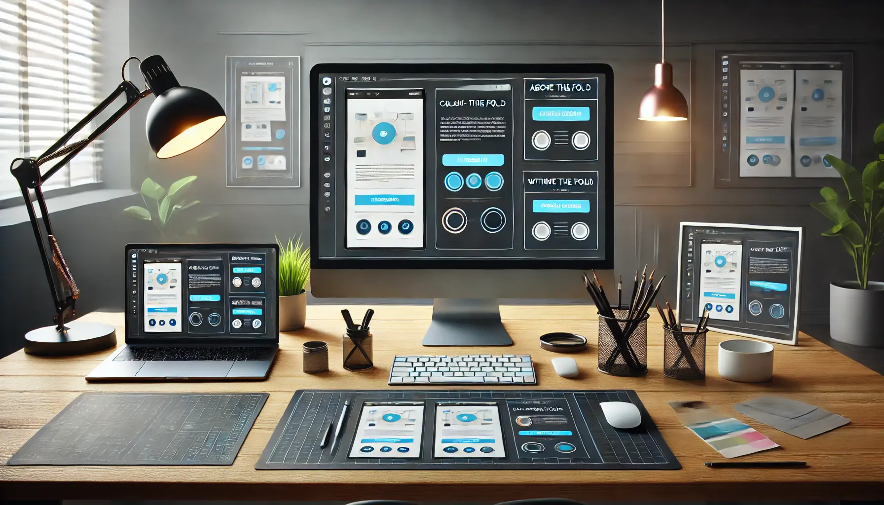 A workspace featuring multiple screens displaying various landing page designs with strategically placed call-to-action buttons.