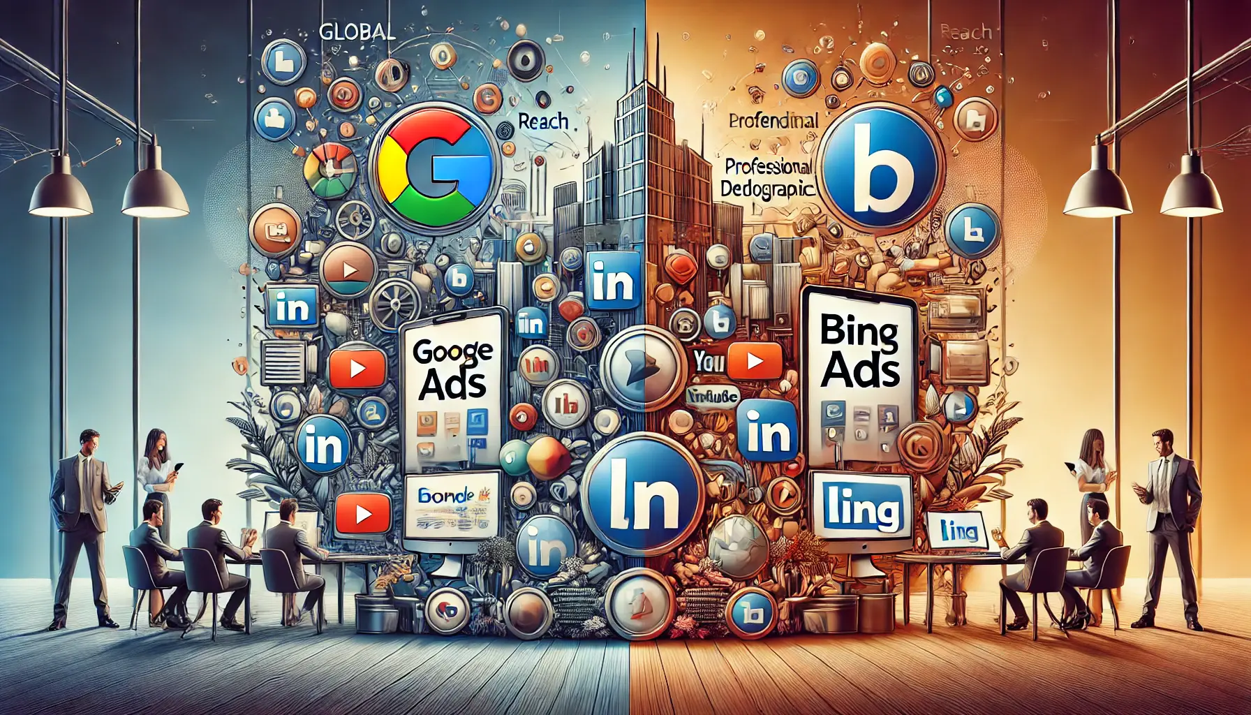 Illustration showing a split view comparison of Bing Ads and Google Ads in digital marketing.