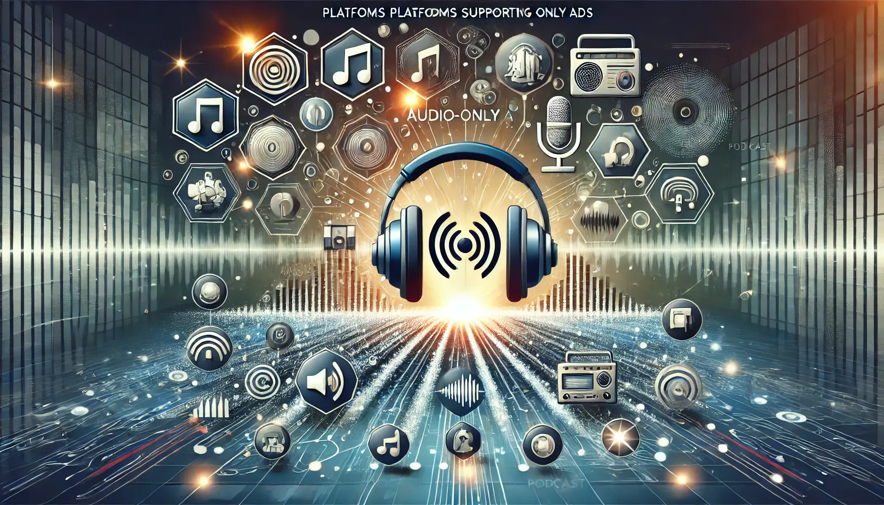 A digital illustration featuring headphones with soundwaves surrounded by icons for streaming music, podcasts, and radio waves, symbolizing platforms that support audio-only ads.