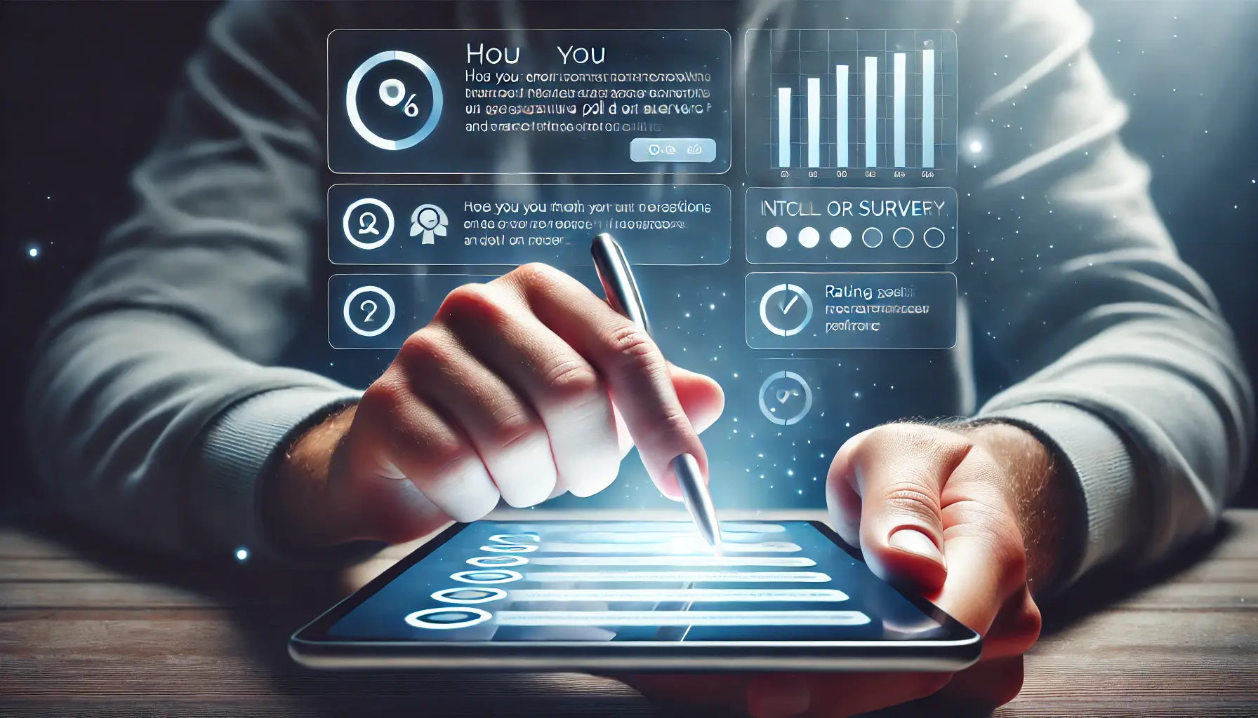 A consumer engaging with an interactive poll or survey on a digital device, reflecting how these tools are used to engage with the audience.