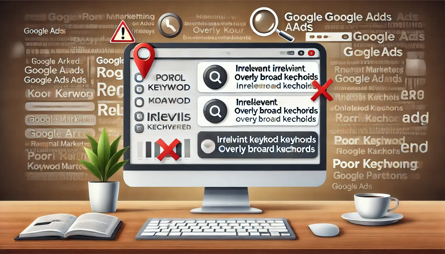 An illustration showing poor keyword management in Google Ads, with irrelevant and broad keywords displayed on a computer screen.