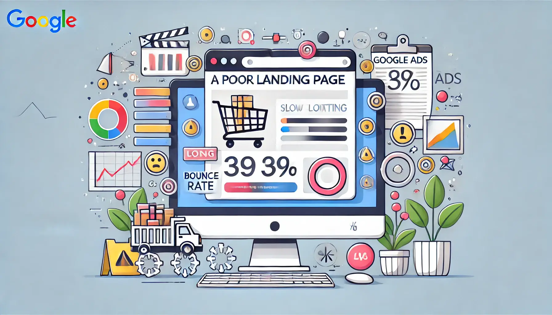 An illustration showing the impact of a poor landing page experience with a cluttered, slow-loading page and icons representing frustration and high bounce rates.