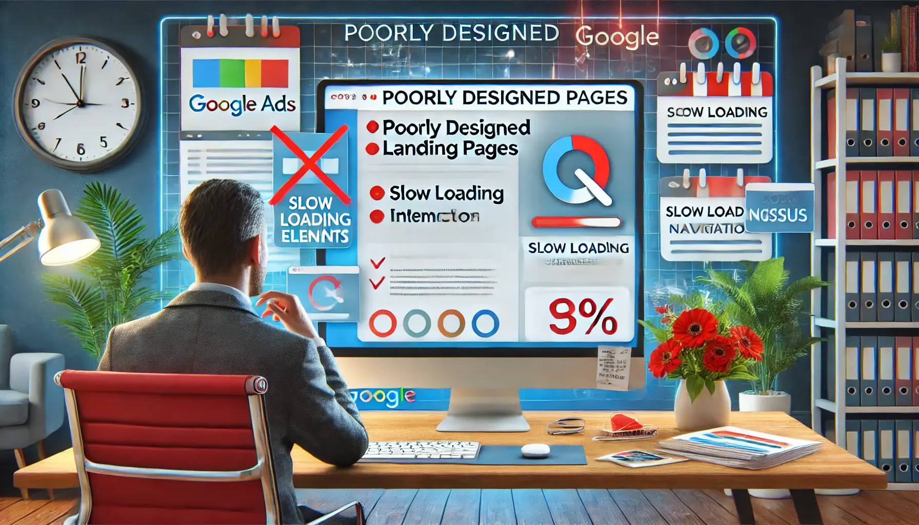 A digital marketer analyzing a cluttered and poorly designed landing page on a computer screen.