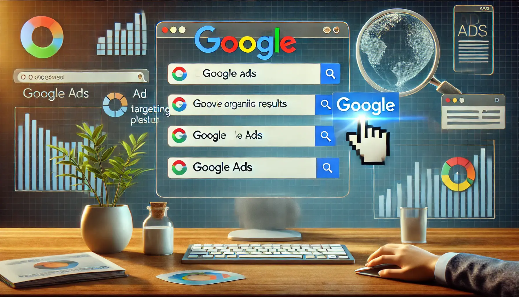 An illustration showcasing the placement of Google Ads on a search engine results page with ads displayed above organic results, at the bottom, and on sidebars.