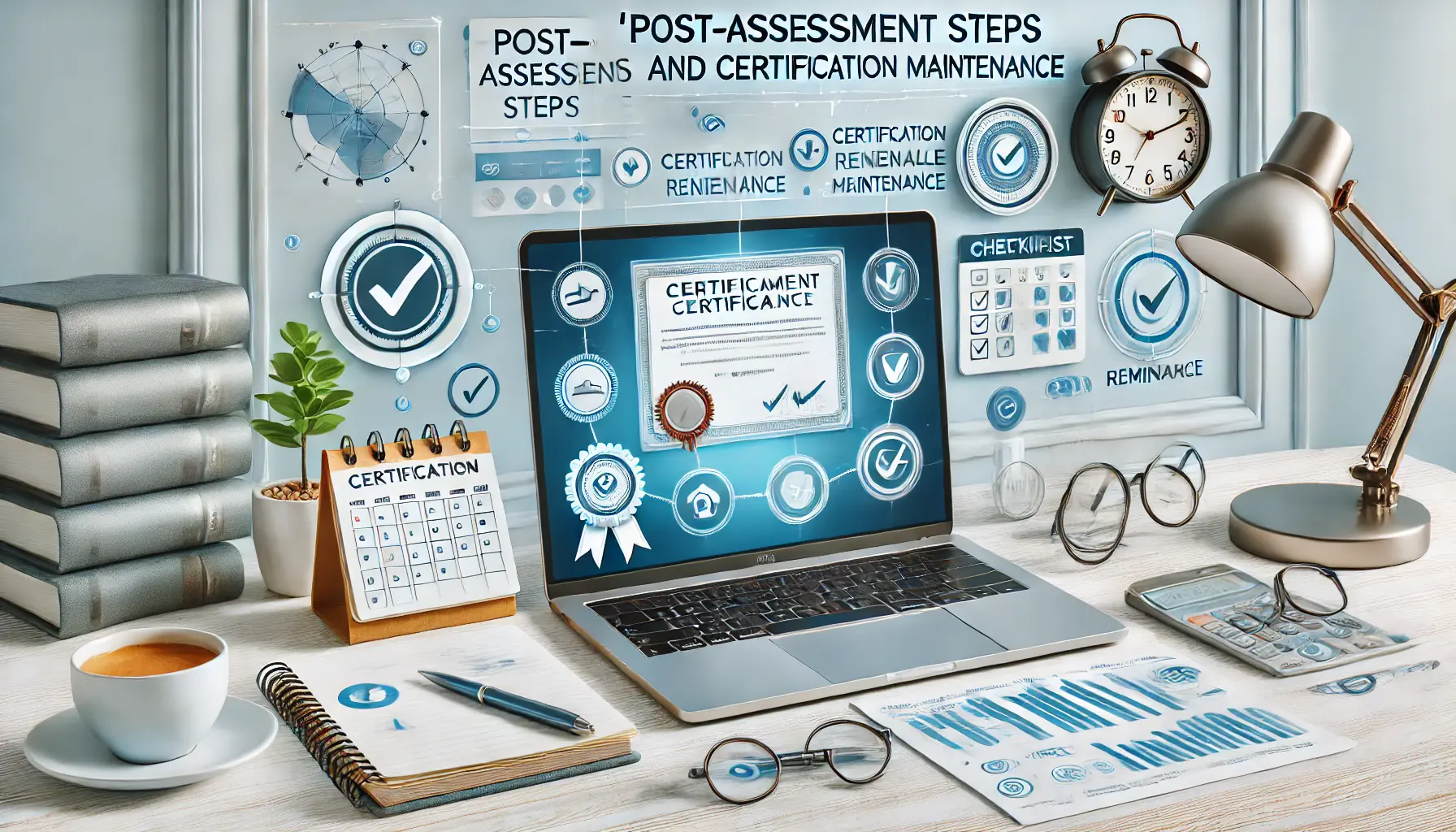 A professional workspace with a laptop displaying a digital certificate, checklist for renewal, and a calendar with reminders.