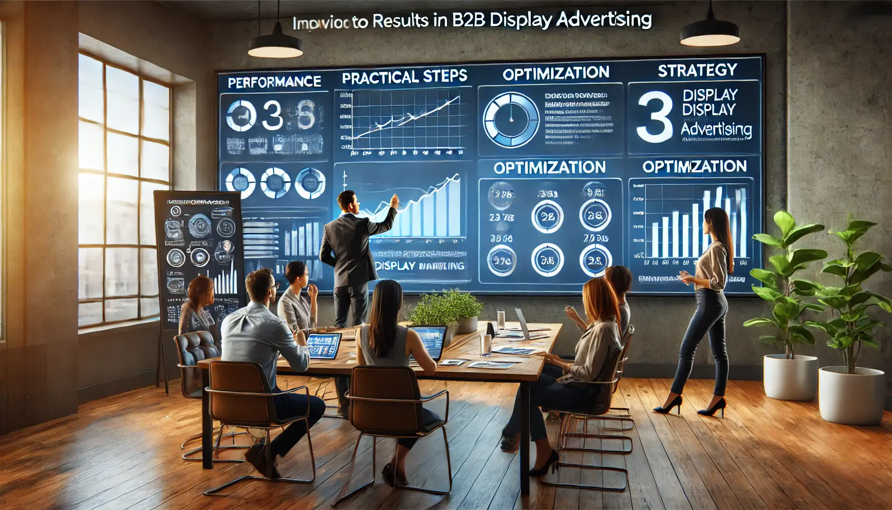 A team of marketers in a professional office setting implementing practical steps for improving B2B display advertising results, working with performance graphs and optimization tools.