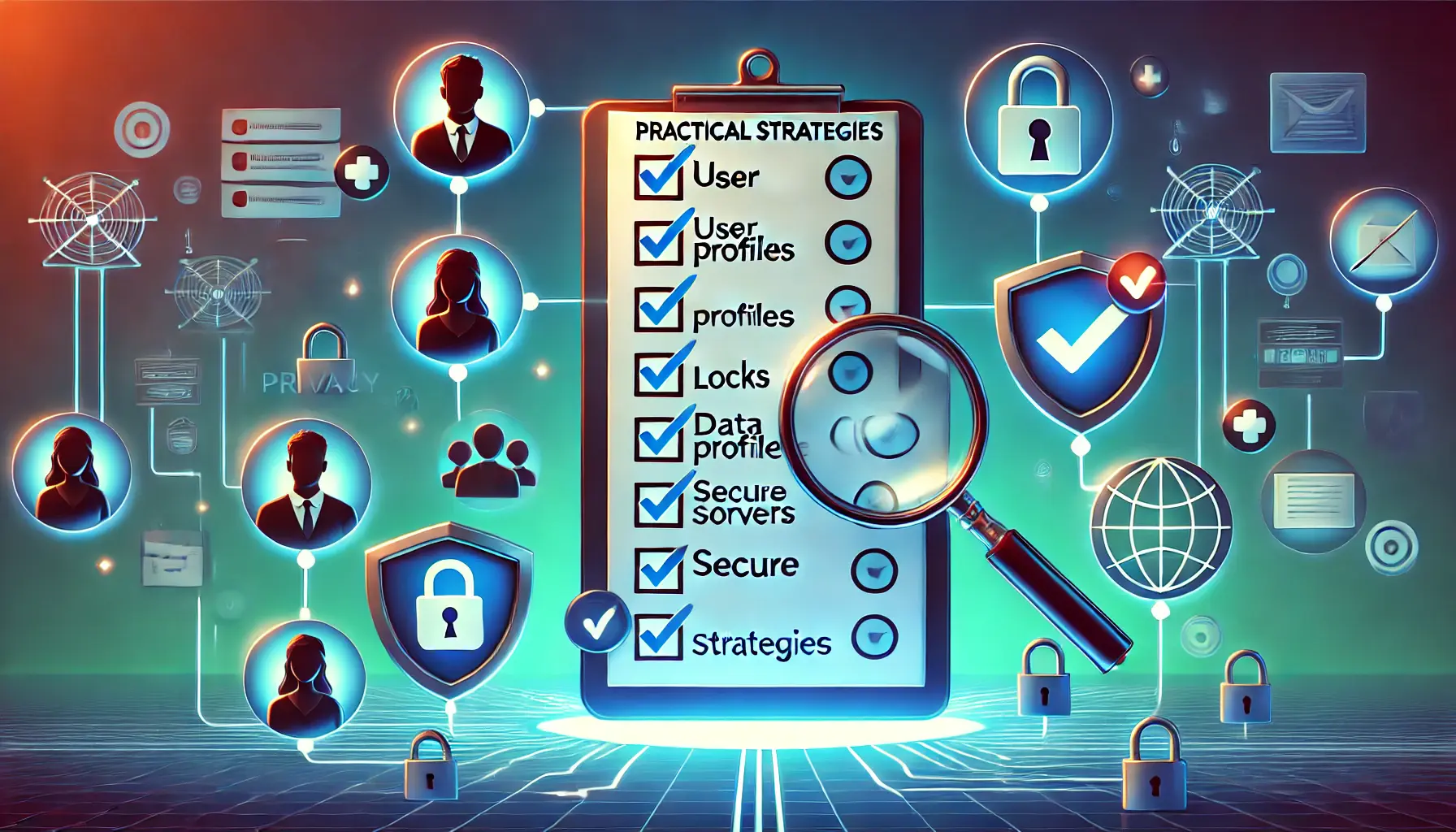 A glowing checklist surrounded by user profile icons, shields, locks, and data streams flowing into secure servers, symbolizing strategic planning for data privacy.