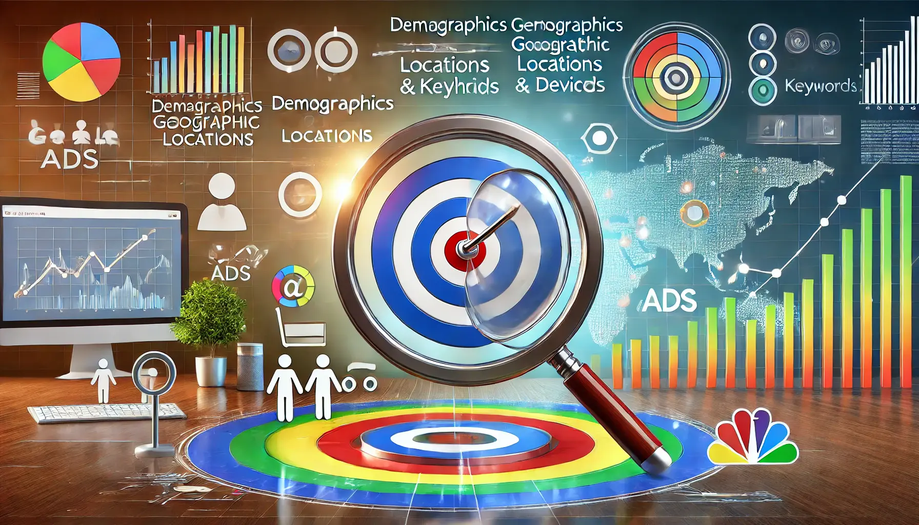 A digital bullseye surrounded by icons representing demographics, geographic locations, devices, and keywords, with a magnifying glass emphasizing precise targeting.