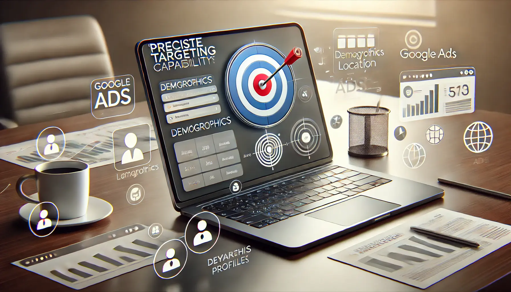 A laptop displaying a Google Ads interface with targeting options, surrounded by icons such as a bullseye, a map pin, and demographic profiles in a sleek workspace.