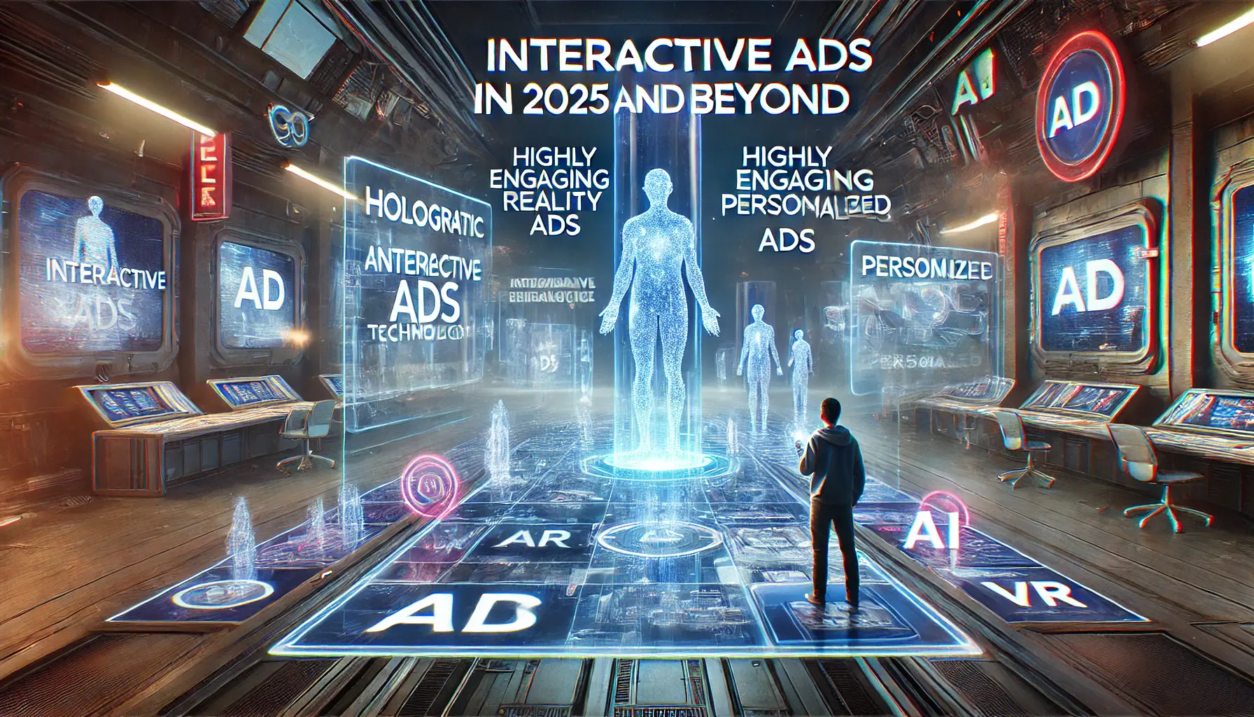 An illustration showing a user interacting with futuristic interactive ads, such as holographic displays, AR, VR, and AI-driven personalized content, highlighting the future of digital marketing.