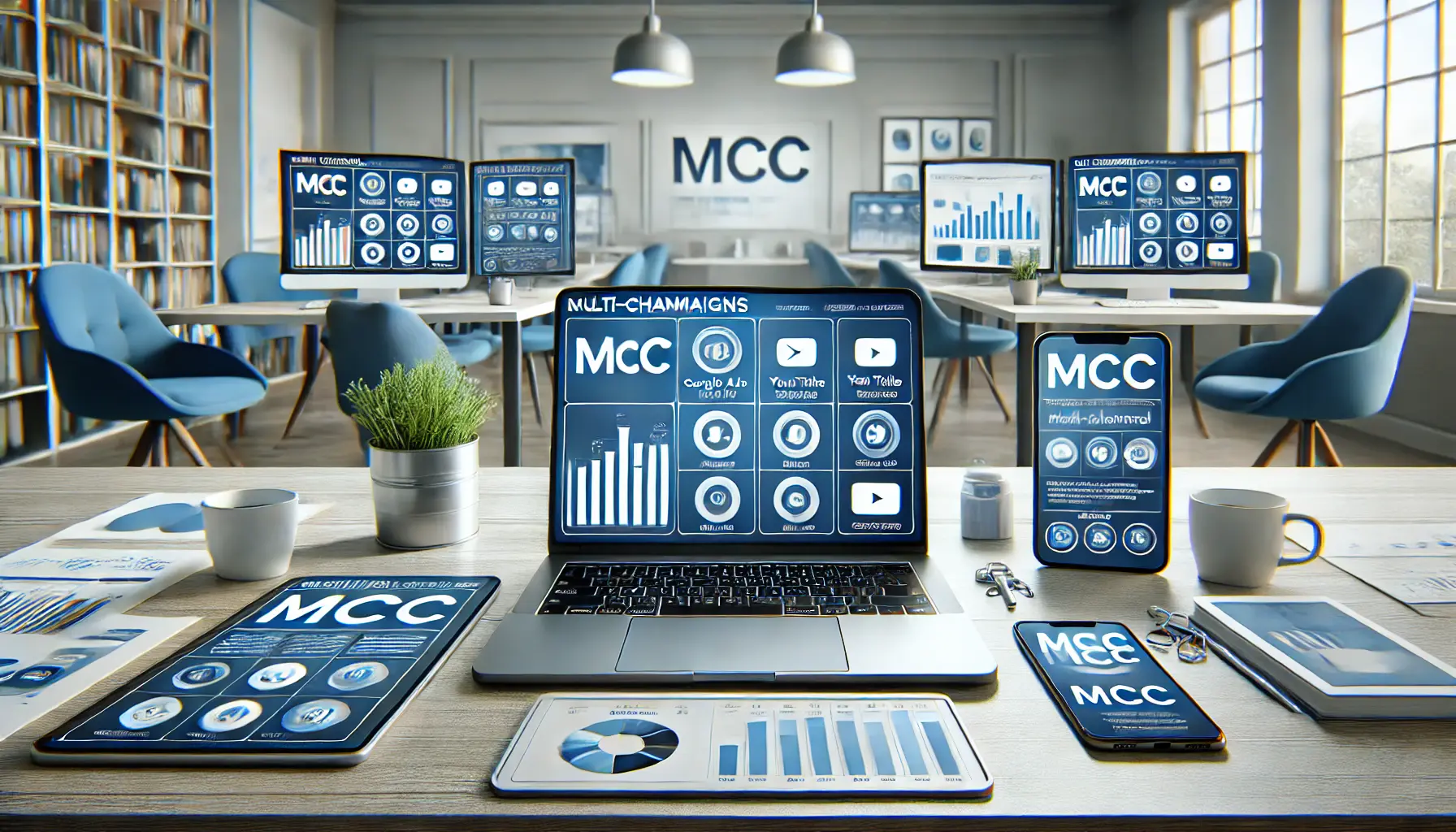 A digital marketing workspace with a laptop and devices displaying MCC's integration across multiple campaign platforms like Google Ads and YouTube.