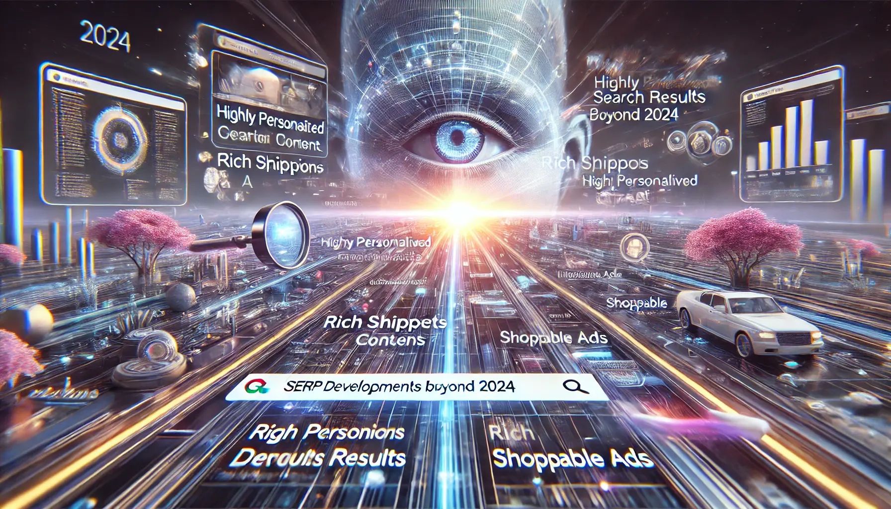 Futuristic depiction of predicted SERP developments beyond 2024, with AI-generated content, AR, and personalized results.