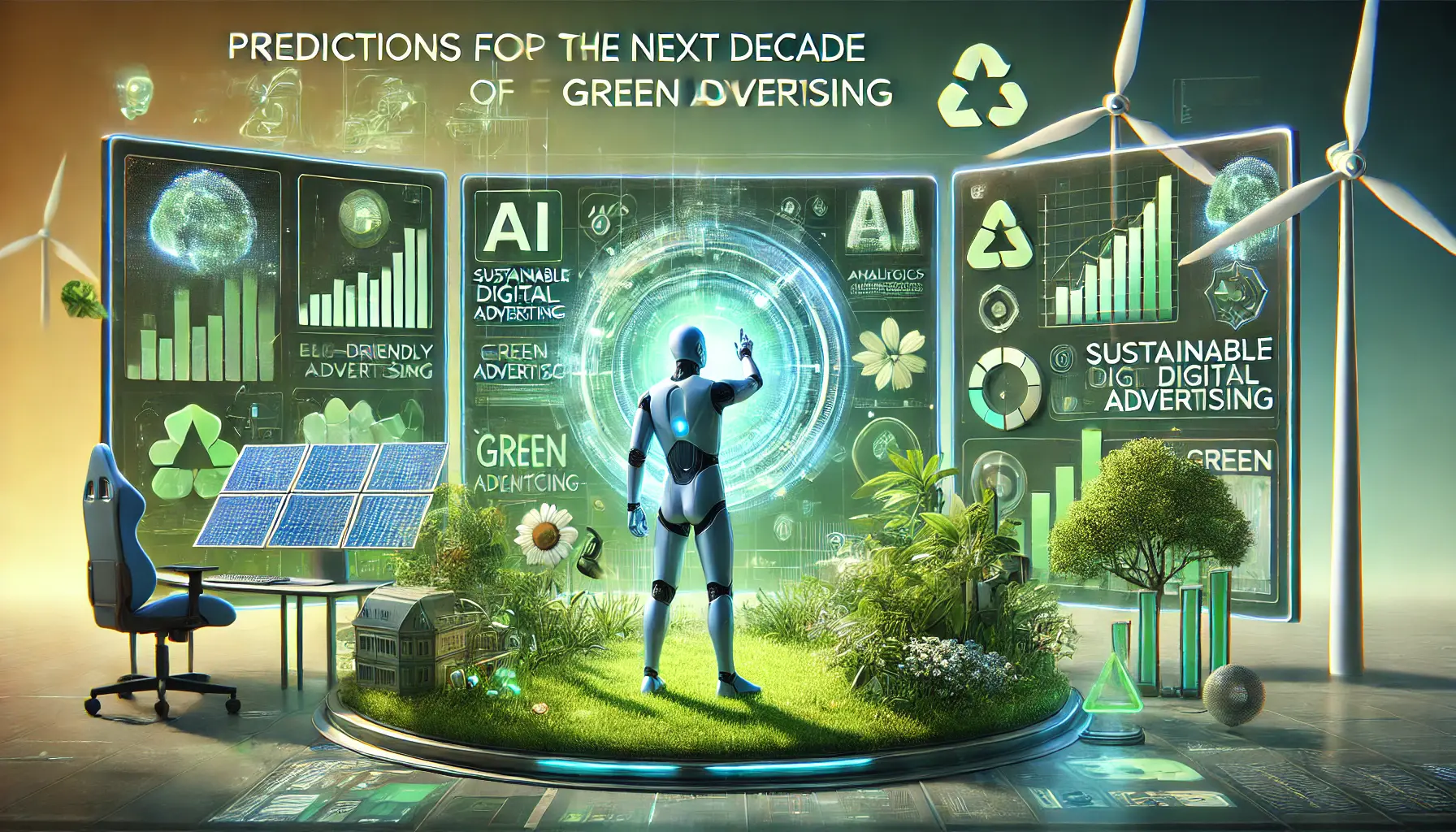 Illustration of a futuristic digital marketer using advanced technology, with renewable energy elements like wind turbines and solar panels in the background.