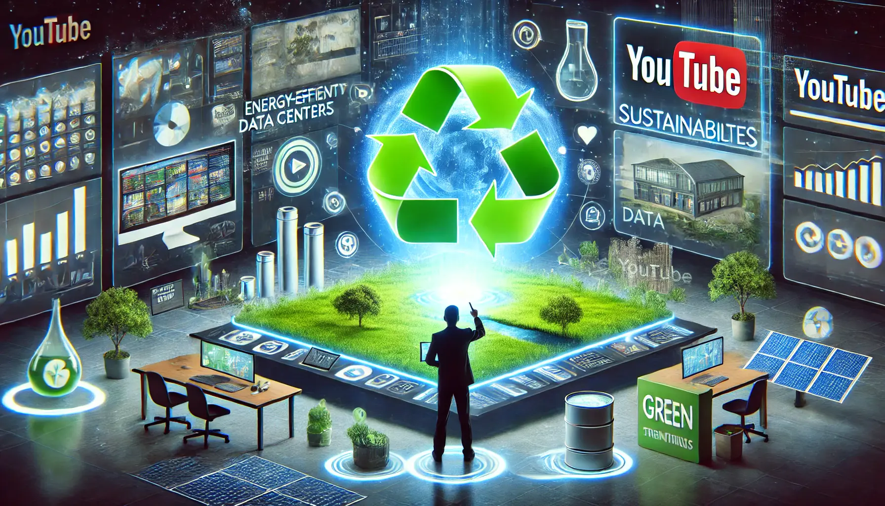 A digital workspace where a person is analyzing predictions for YouTube's role in sustainability, featuring visuals of eco-friendly innovations like sustainable video streaming and green data centers.