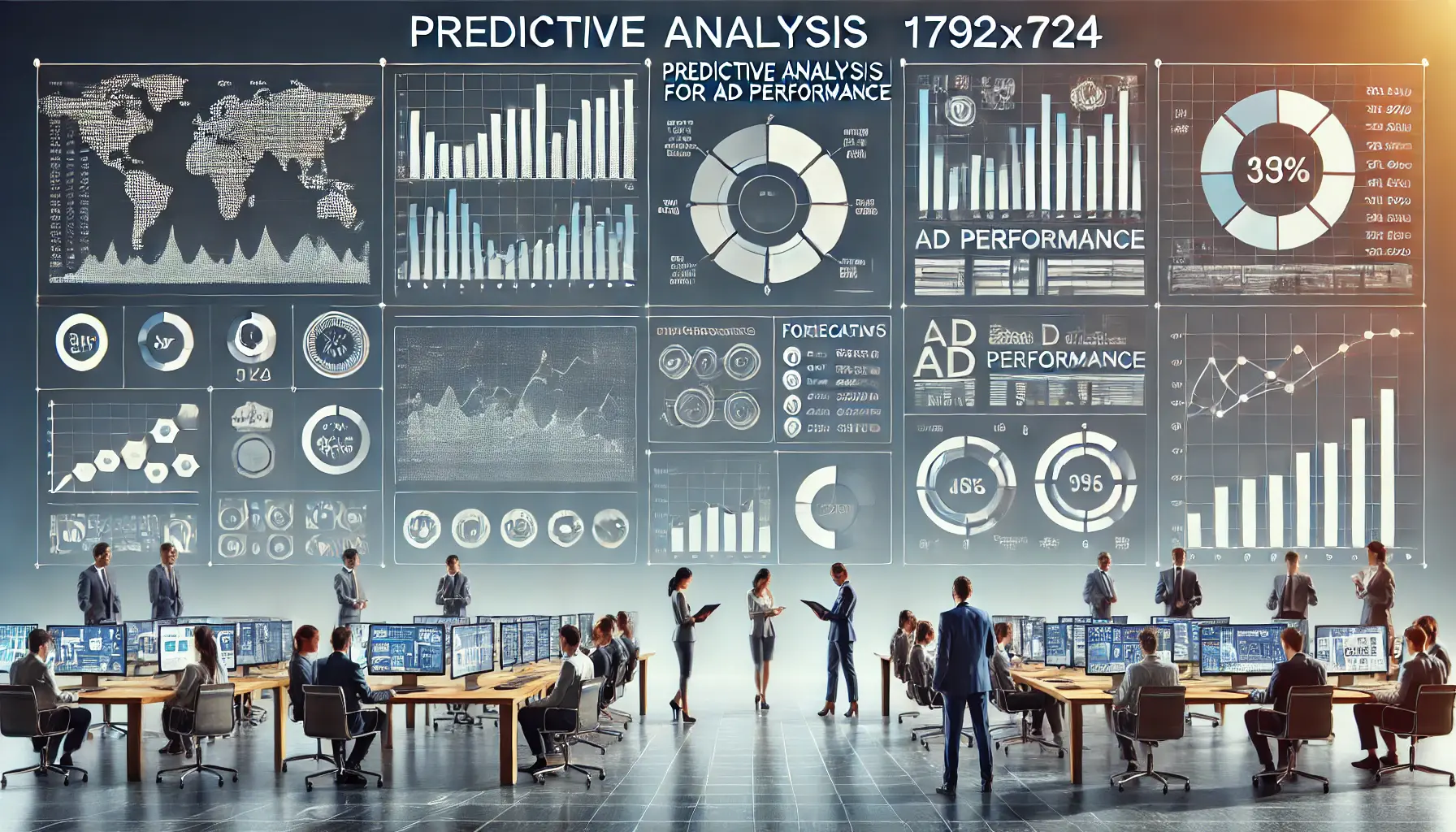 Illustration of predictive analysis in ad performance featuring dashboards with forecasted trends, bar graphs, and performance metrics.