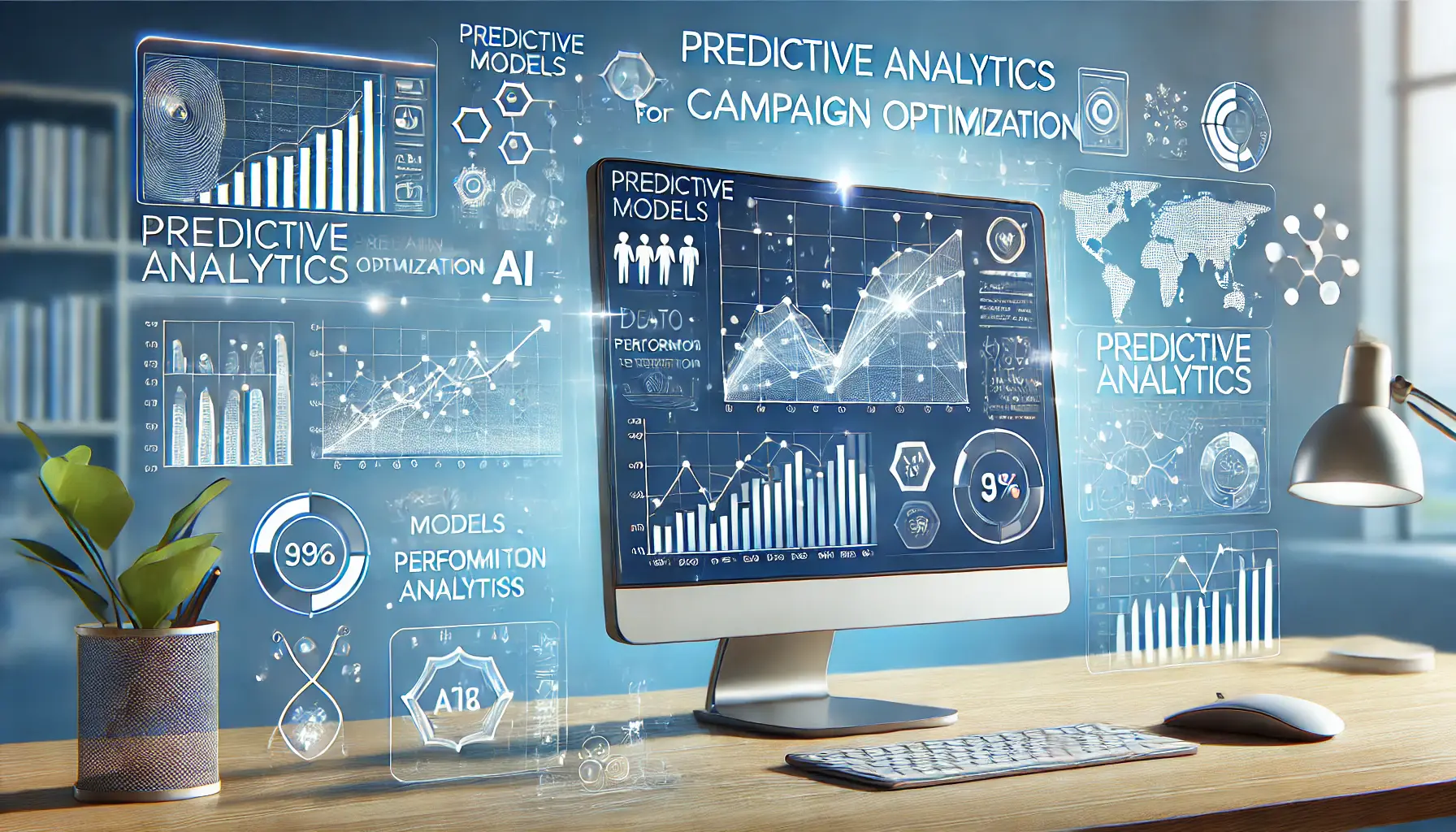 An image illustrating predictive analytics for campaign optimization, featuring a digital workspace with predictive models, trend lines, and performance forecasts.