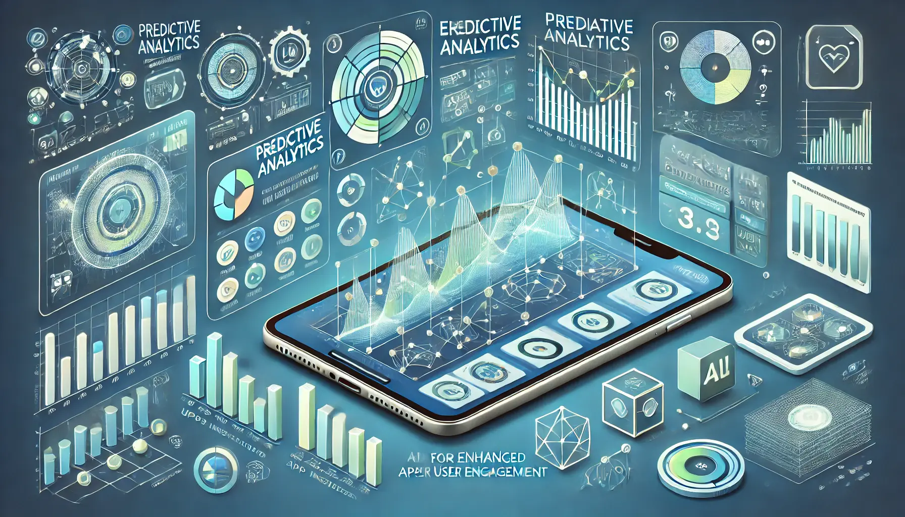 Dashboard displaying predictive analytics models and graphs analyzing user behavior trends for app engagement.