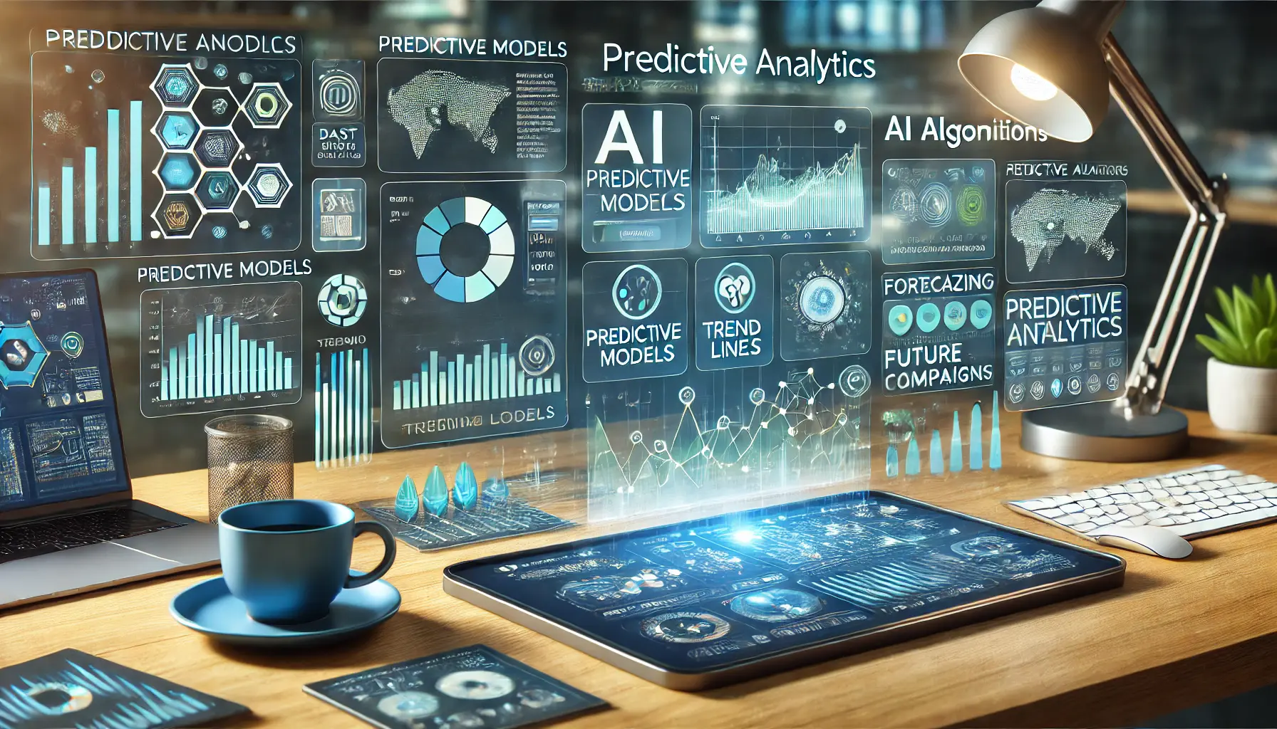 Digital dashboard displaying predictive models and data visualizations for forecasting future ad campaign performance.