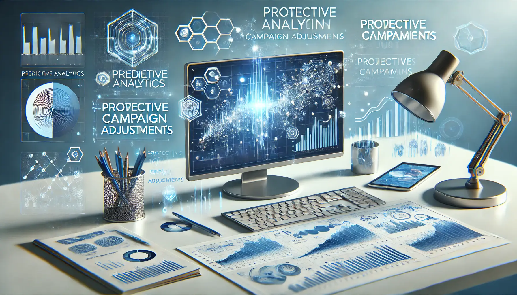 An image illustrating predictive analytics for proactive campaign adjustments, with a digital workspace displaying predictive models, trend lines, and performance forecasts.