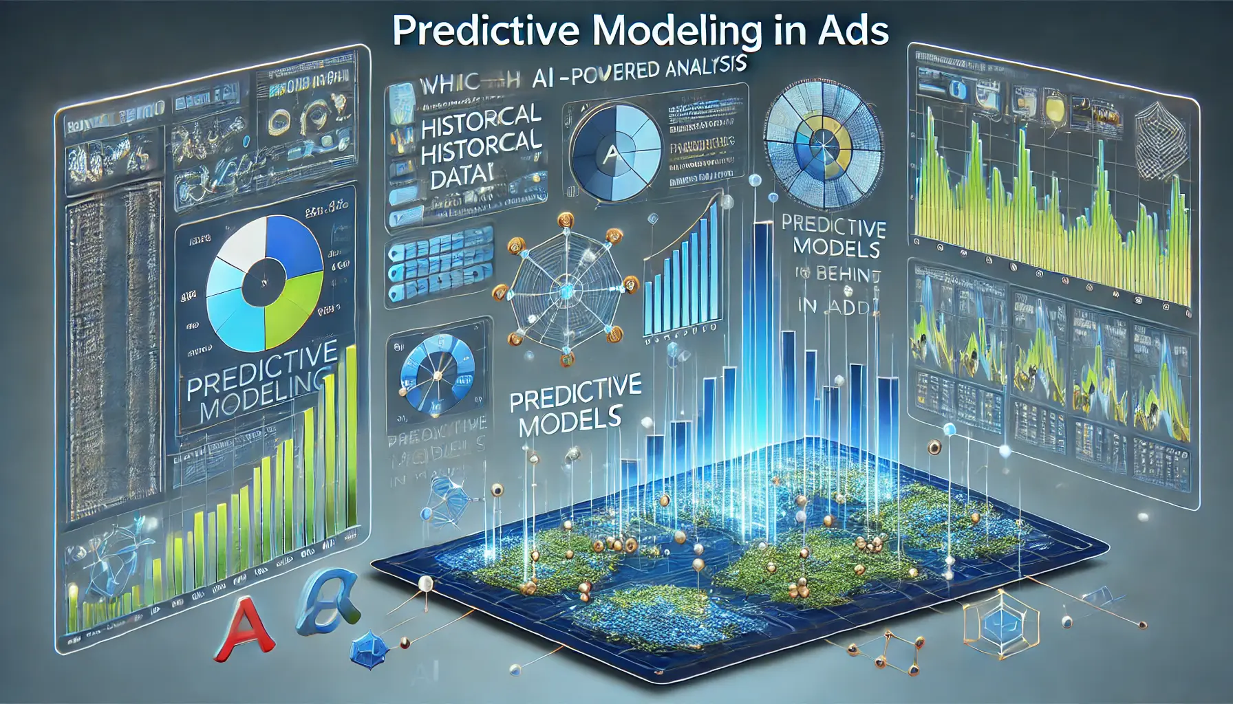 Data visualizations and predictive models analyzing user behavior for targeted ad optimization.