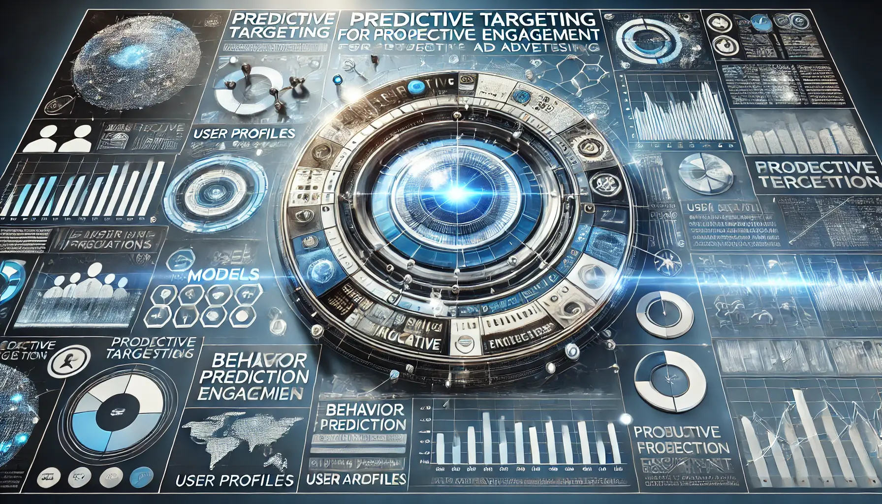 Abstract illustration of predictive targeting with user profiles, behavior prediction charts, and engagement metrics in cool tones.