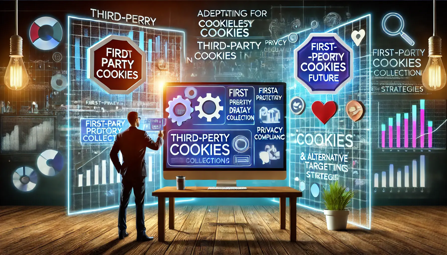 Digital artwork showing a marketer reviewing strategies on a computer screen for adapting to a cookieless future, with icons symbolizing privacy and data protection.