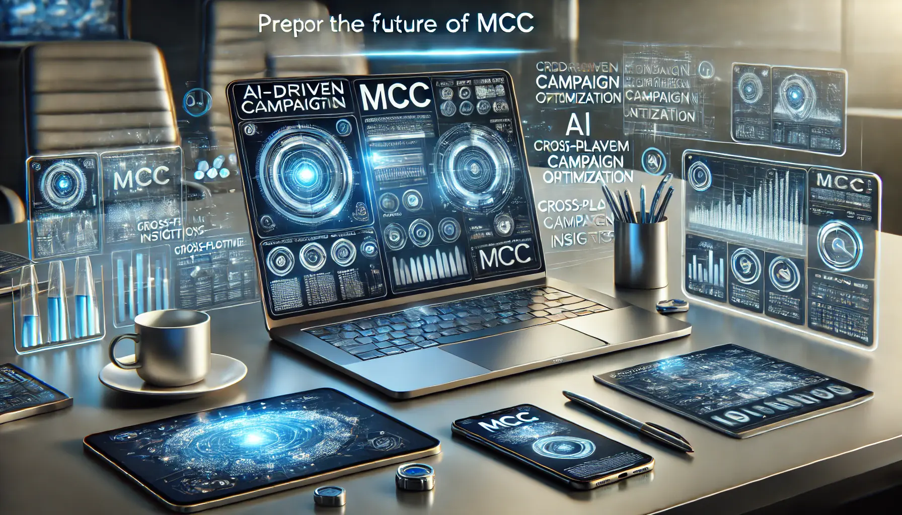 A futuristic digital marketing workspace with devices displaying advanced MCC features like AI-driven optimization and predictive analytics.