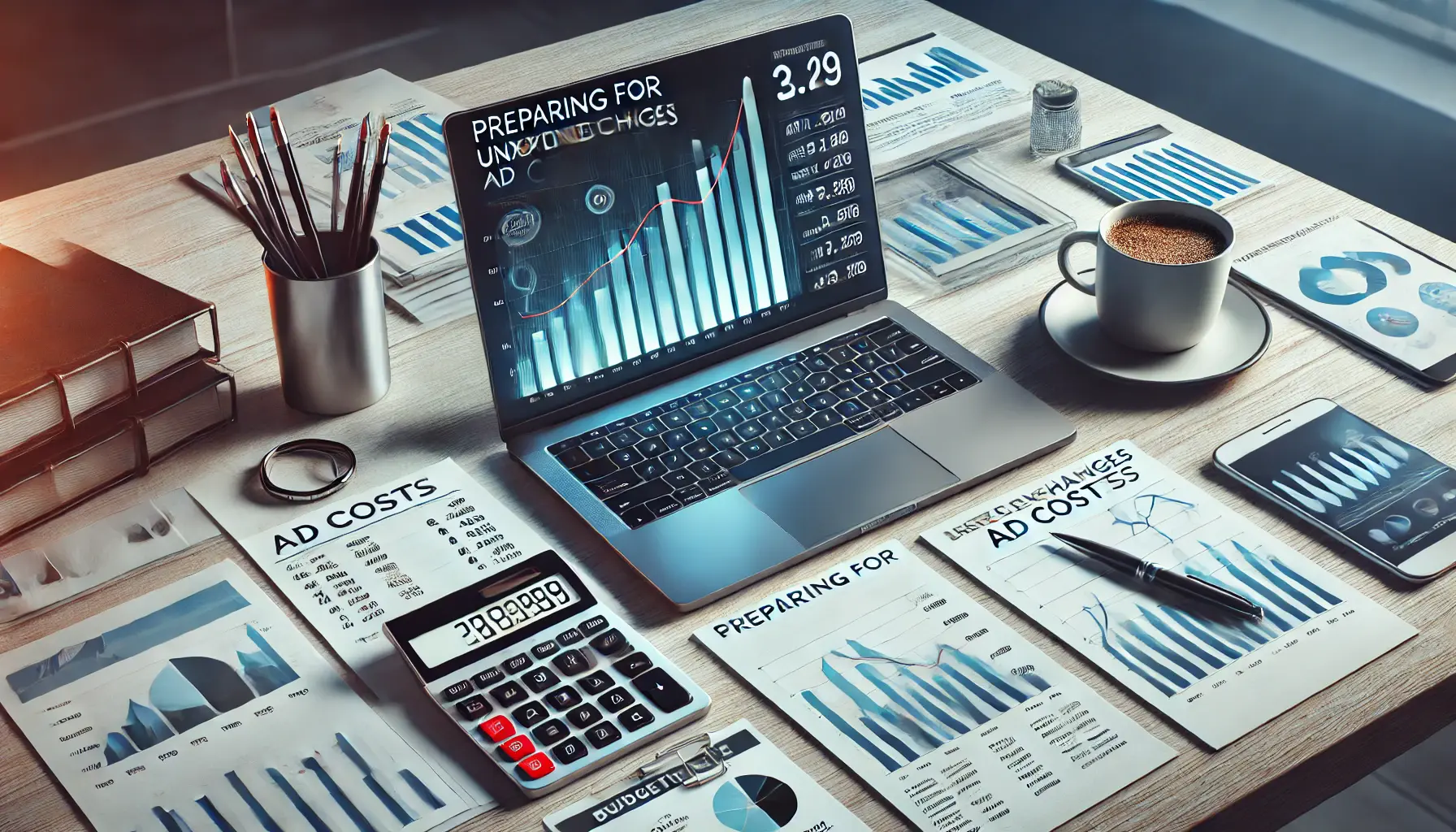 A modern workspace with a laptop displaying fluctuating ad costs and financial graphs, symbolizing preparation for unexpected changes in ad costs.